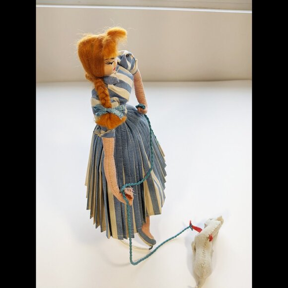 Vintage Cloth Wire Doll Redhead Pigtails Woman Girl with Dog on Leash 11" Cute - Picture 7 of 12